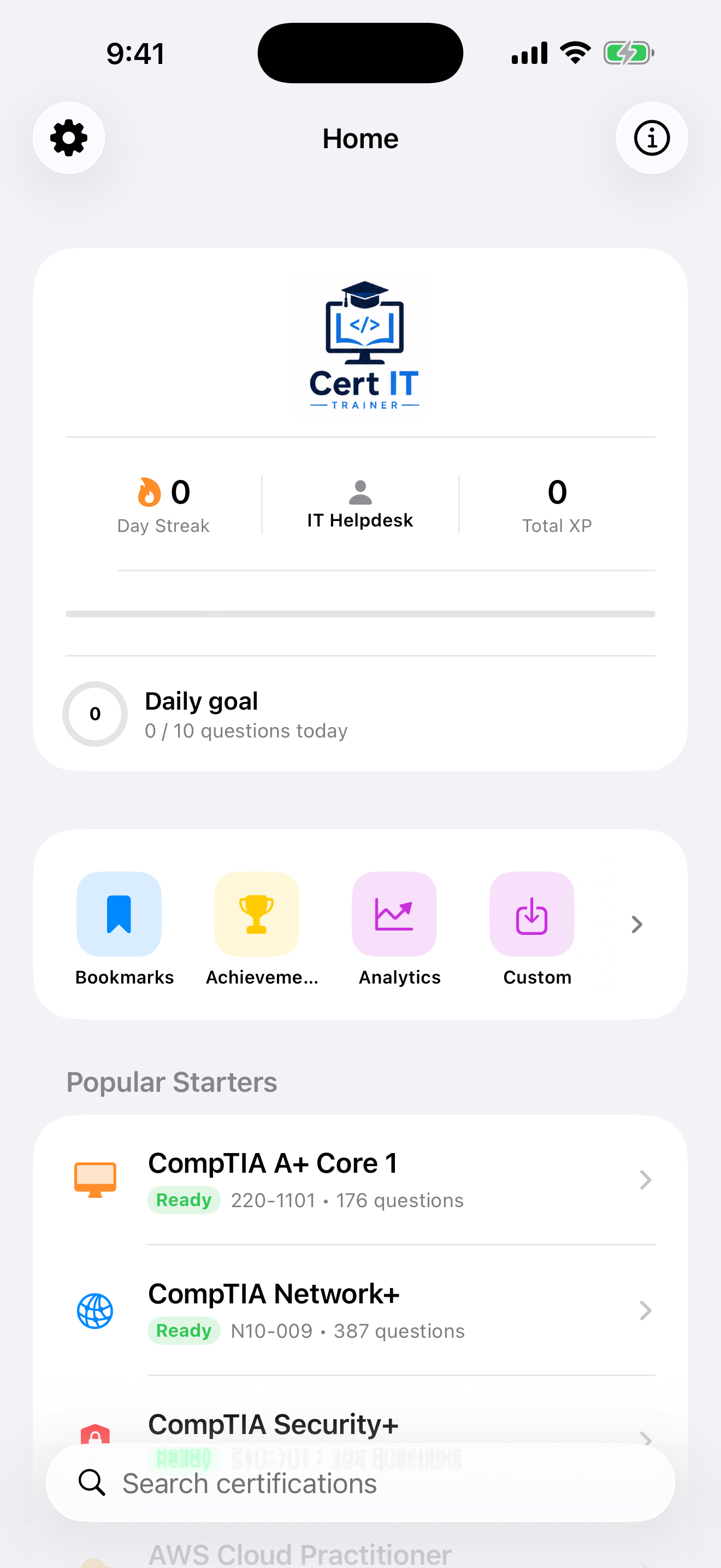 Cert IT Trainer home dashboard on iPhone